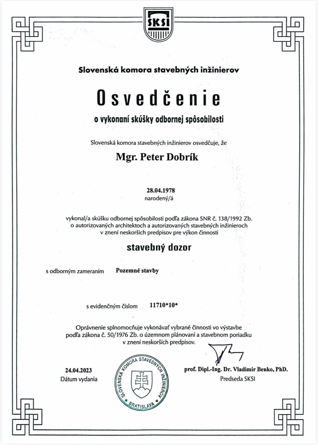 Osvedčenie o odbornej spôsobilosti – stavebný dozor (náhľad)